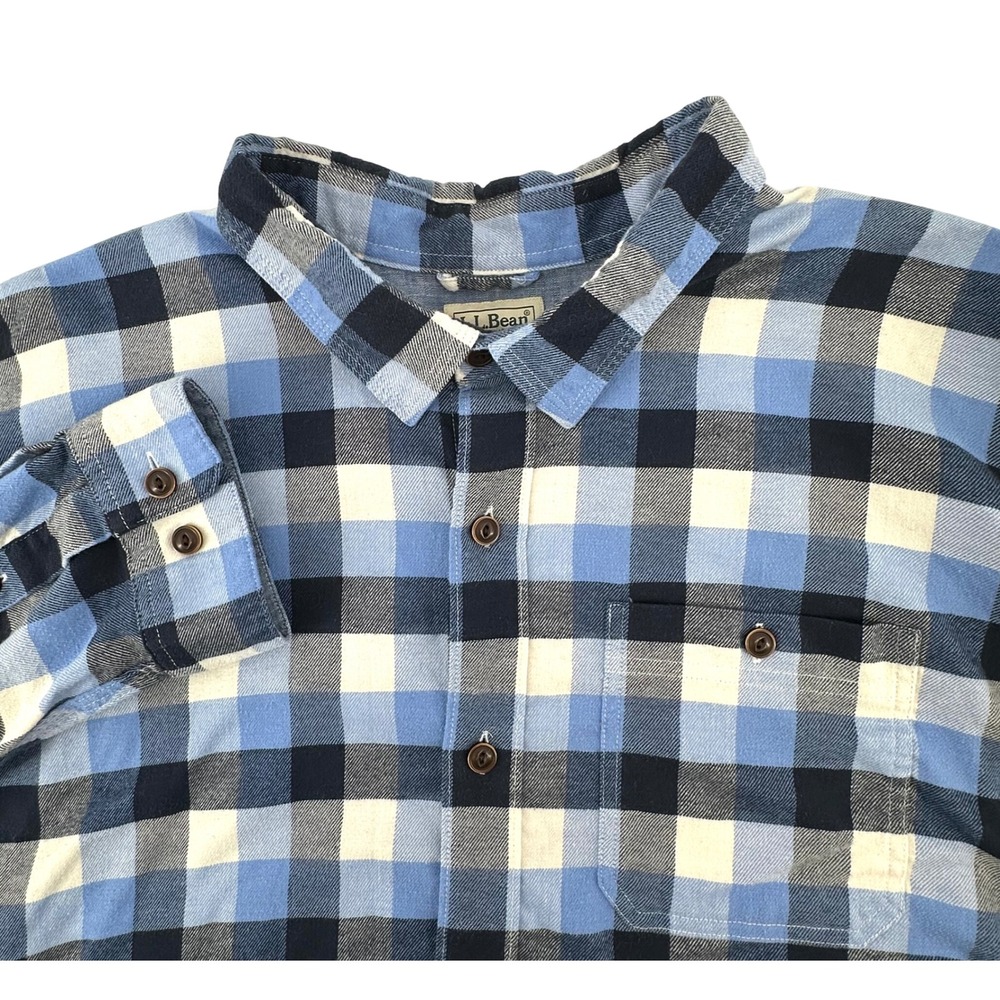LL Bean Mens XXL Blue Plaid Traditional Fit Button Down Flannel Shirt Stretch